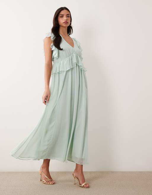 Vestido largo verde salvia con detalle de volantes de chifón de YAS , 2 de 4