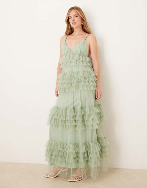 Vestido largo verde salvia con diseño llamativo escalonado de tul de YAS - view 1