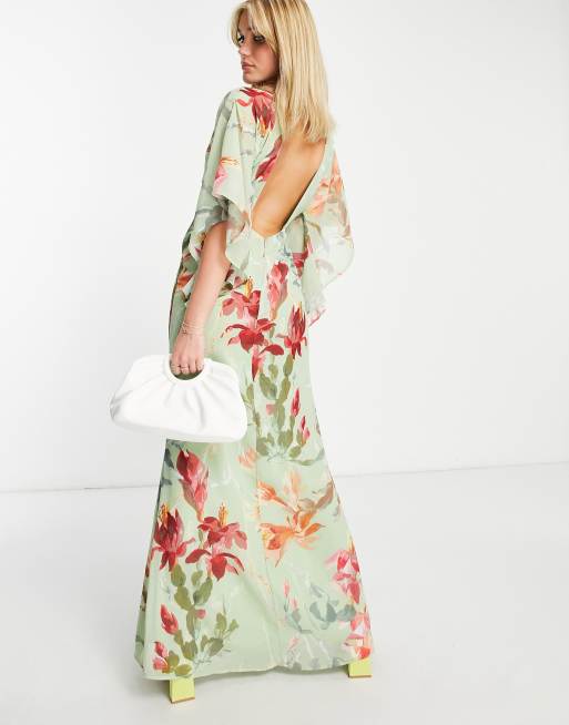 Vestido largo verde salvia con espalda al aire y estampado floral de Hope & Ivy, 2 de 4
