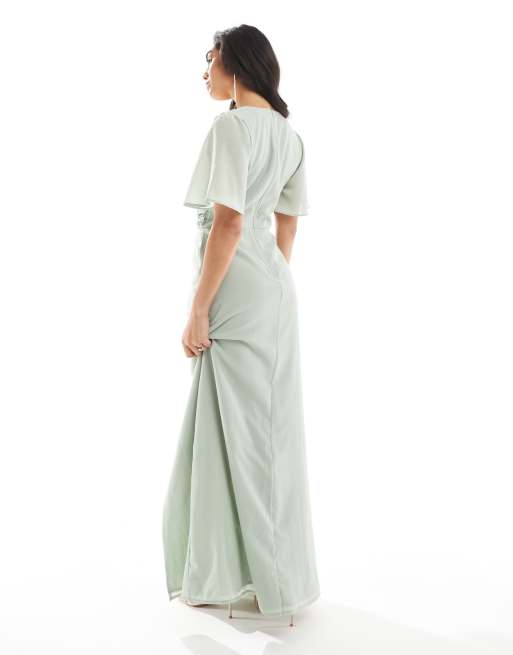 Vestido largo verde salvia con mangas ángel cortas y abalorios de Maya, 4 de 4