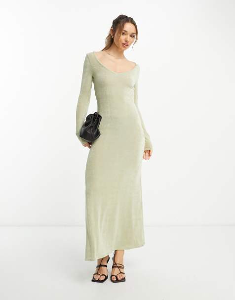 Vestido largo verde salvia de manga larga y cuello de pico de ASOS DESIGN - view 1