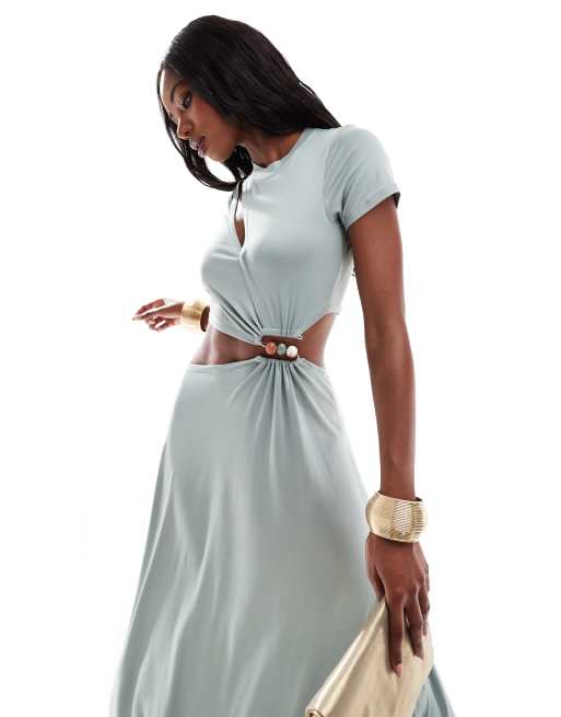 Vestido largo verde salvia estilo camiseta con abertura, detalle fruncido y cuentas de modal de ASOS DESIGN
