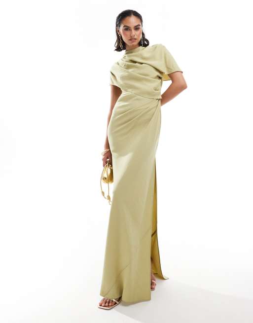 Vestido largo verde salvia pálido con cuello alto y cuerpo drapeado estilo capa de ASOS DESIGN