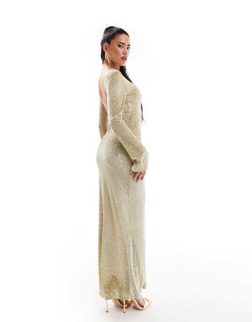 Vestido largo verde salvia transparente con mangas ángel y espalda escotada de malla devoré de ASOS DESIGN