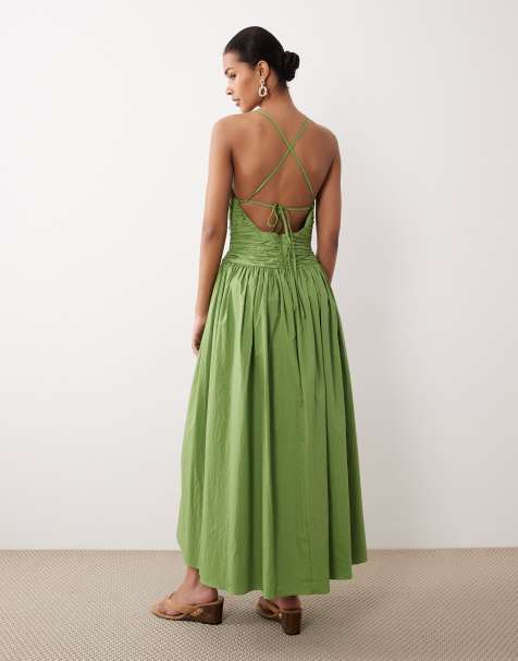 Vestido largo verde sin mangas con espalda abierta y cuerpo fruncido de mezcla de algodón Rosabel de Nobody's Child - view 1