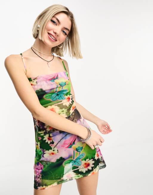 Vestido lencero corto multicolor con estampado de jardín para festivales de COLLUSION