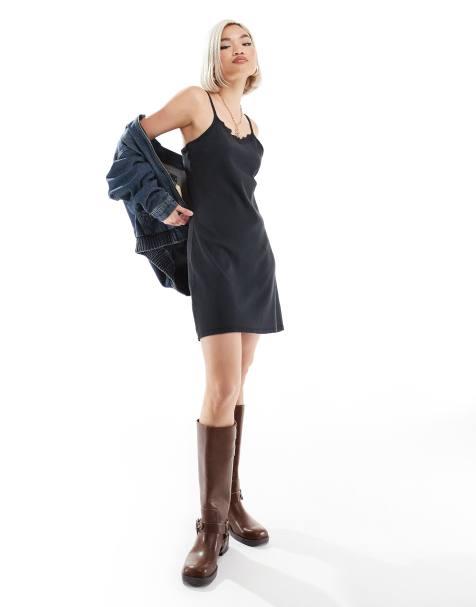 Vestido lencero corto negro con lavado ácido de punto acanalado de Monki - view 1