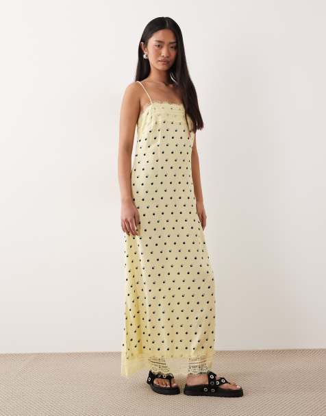 Vestido lencero largo amarillo pastel de tirantes con ribetes de encaje y estampado de lunares de ASOS DESIGN - view 1
