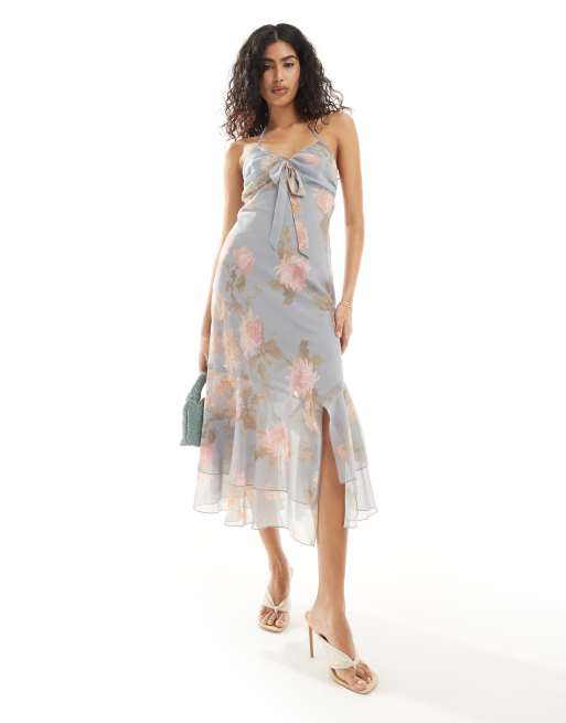 Vestido lencero largo azul para eventos especiales con estampado floral vintage y lazada delantera de chifón de Miss Selfridge