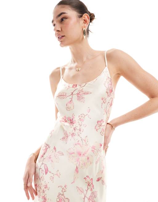 Vestido lencero largo color marfil con estampado floral de satén de Forever New
