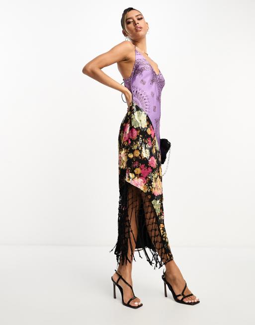 Vestido lencero largo con estampado metalizado variado y detalle