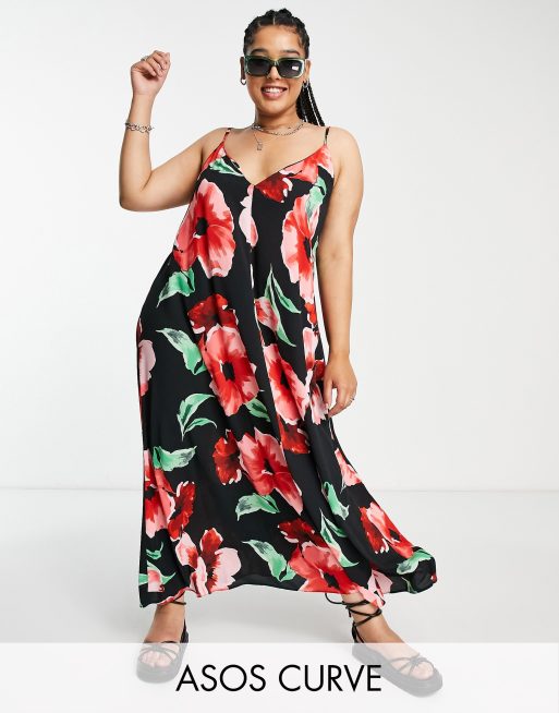 Vestido lencero largo de corte trapecio con estampado floral grande de ASOS DESIGN Curve