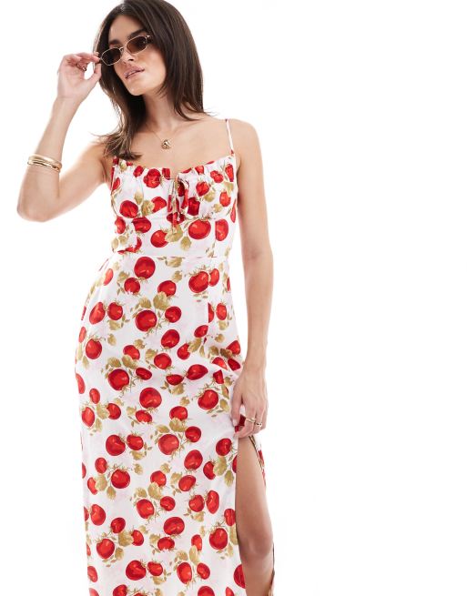 Vestido lencero largo de tirantes con estampado de frutas y detalle tipo corsé de Miss Selfridge