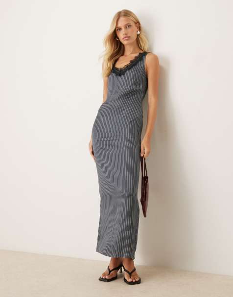 Vestido lencero largo gris de satén con raya diplomática y detalle de encaje de ASOS DESIGN - view 1