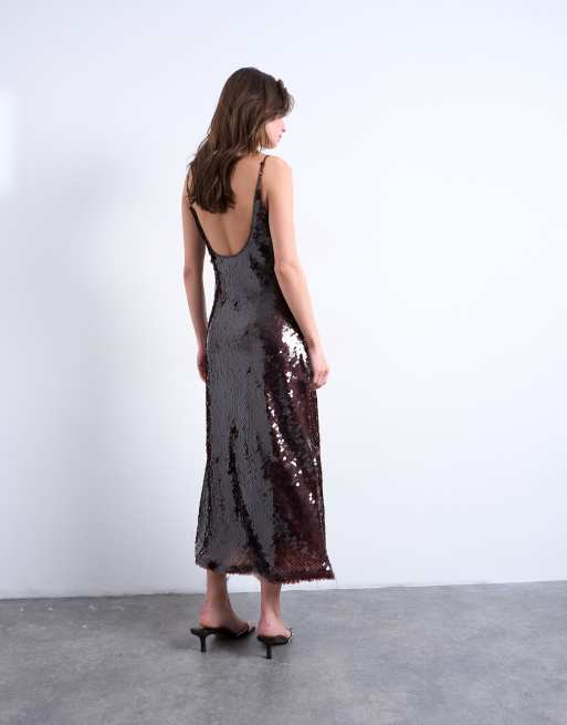 Vestido lencero largo marrón chocolate de lentejuelas de Topshop, 4 de 4