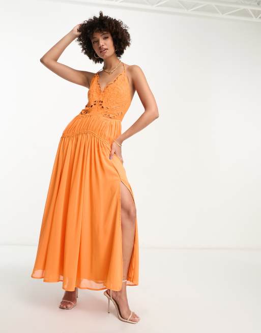 Vestido lencero largo naranja con abertura y cord n ajustable en la cintura de ASOS DESIGN Tall