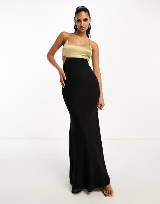 Vestido lencero largo negro de corte al bies de chifón con abertura y diseño color block en el corpiño de satén de ASOS DESIGN