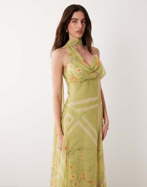 Vestido lencero largo verde con estampado floral y detalle de fular de ASOS DESIGN - view 1