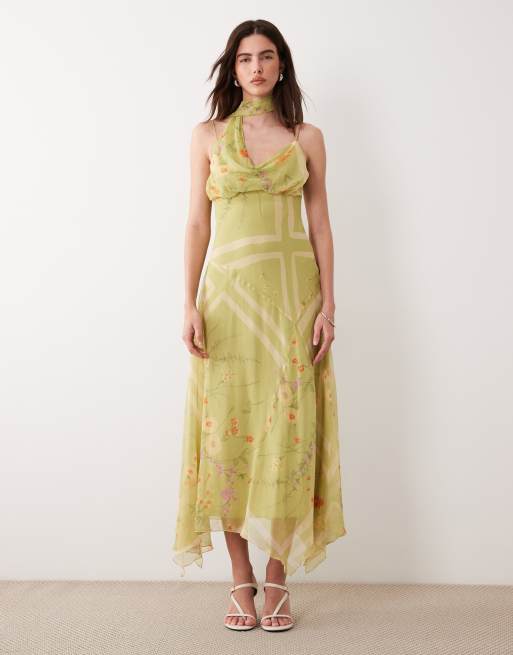 Vestido lencero largo verde con estampado floral y detalle de fular de ASOS DESIGN, 2 de 4