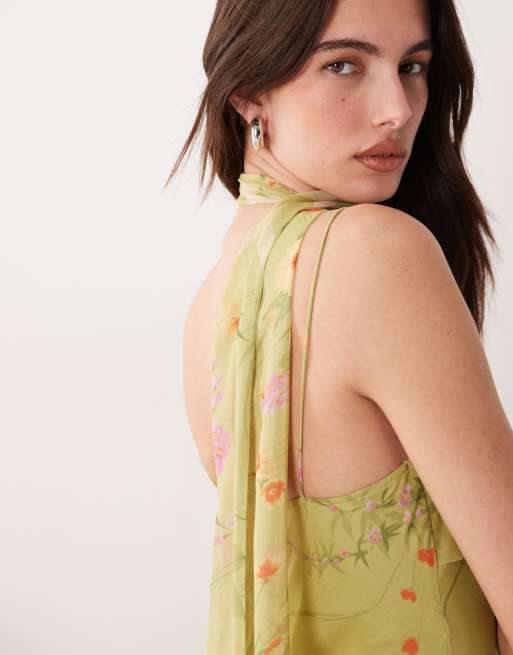Vestido lencero largo verde con estampado floral y detalle de fular de ASOS DESIGN, 3 de 4