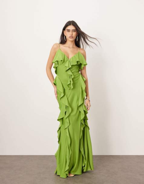 Vestido lencero largo verde con falda de corte al bies y volantes de ARRANGE - view 1