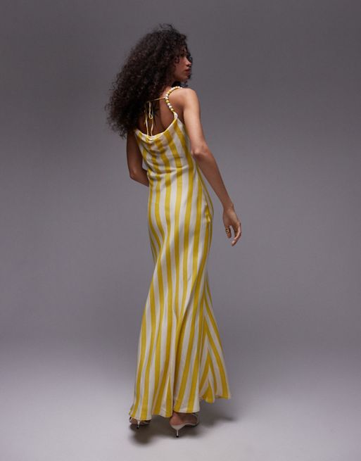 Vestido lencero midi amarillo a rayas con tirantes de cuentas premium de Topshop