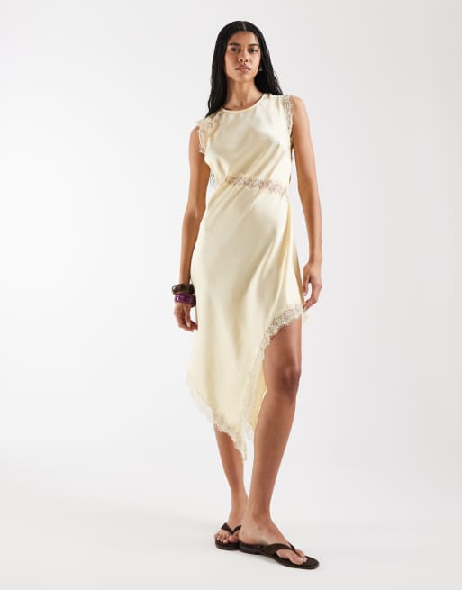 Vestido lencero midi amarillo paste asimétrico con ribete de encaje de Reclaimed Vintage, 2 de 4
