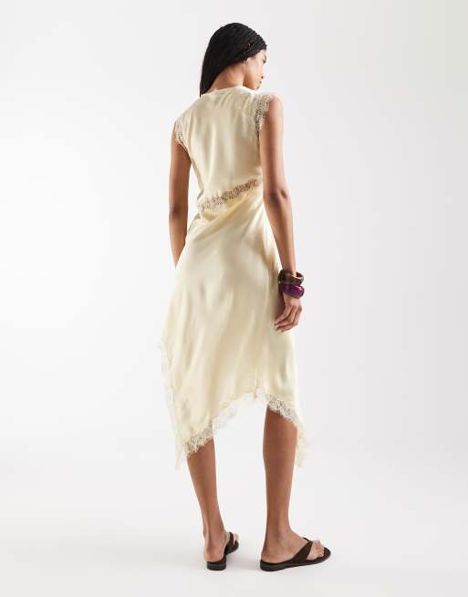 Vestido lencero midi amarillo paste asimétrico con ribete de encaje de Reclaimed Vintage, 4 de 4