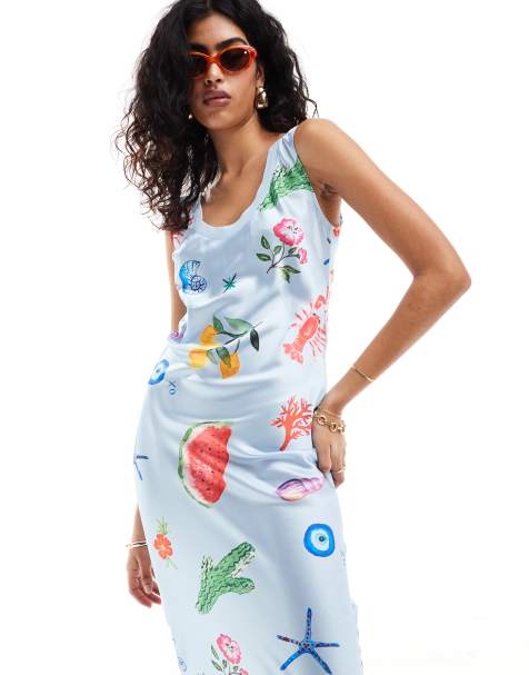 Vestido lencero midi azul de corte al bies con diseño estampado y cuello de canalé de ASOS DESIGN - view 1