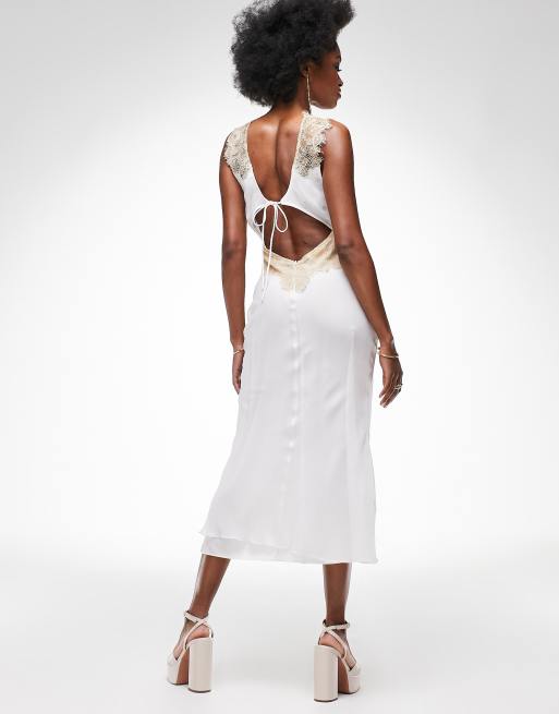 Persona responsable Cívico desagradable Vestido lencero midi blanco suave con detalle de cordones en la espalda y  encaje en contraste de ASOS DESIGN | ASOS