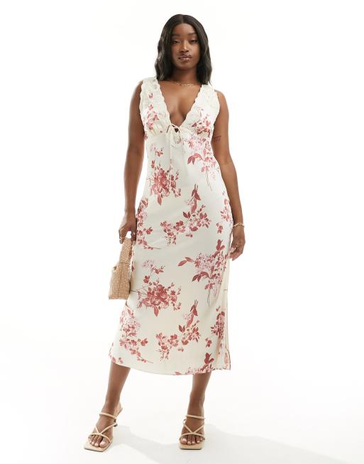 Vestido lencero midi color crema con estampado floral y encaje de Abercrombie & Fitch