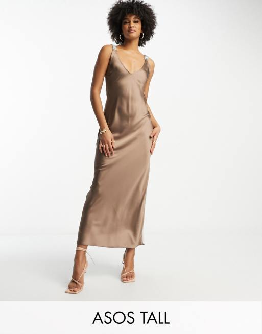 Vestido lencero midi color moca y gris con dise o color block y