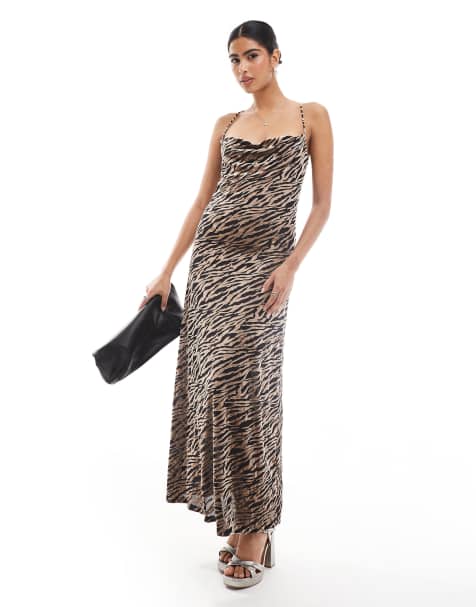 Vestido lencero midi con estampado de cebra y cuello desbocado de devoré de Object - view 1