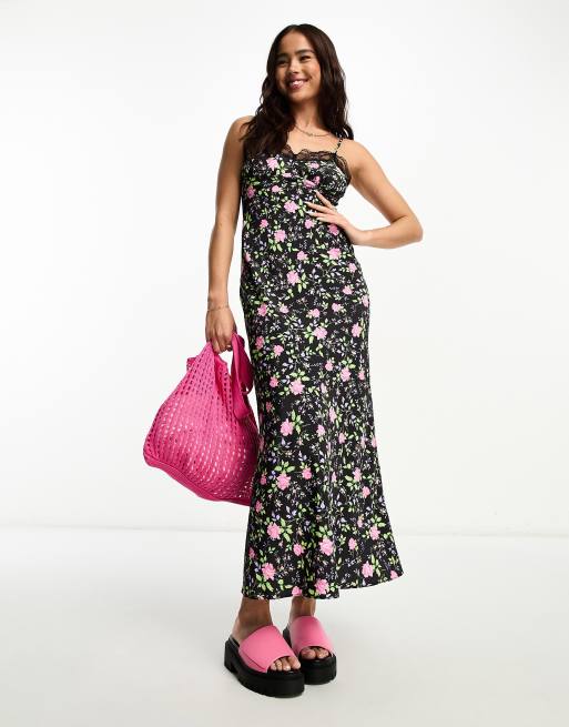 Vestido lencero midi con estampado floral y ribete de encaje de Miss Selfridge