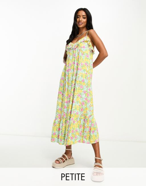 Vestido lencero midi en tonos luminosos con estampado floral, bajo fruncido  y detalles de volantes de Miss Selfridge Petite