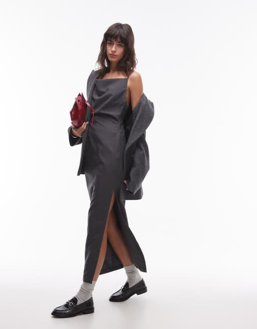 Vestido lencero midi gris de corte sartorial con cuello desbocado de Topshop