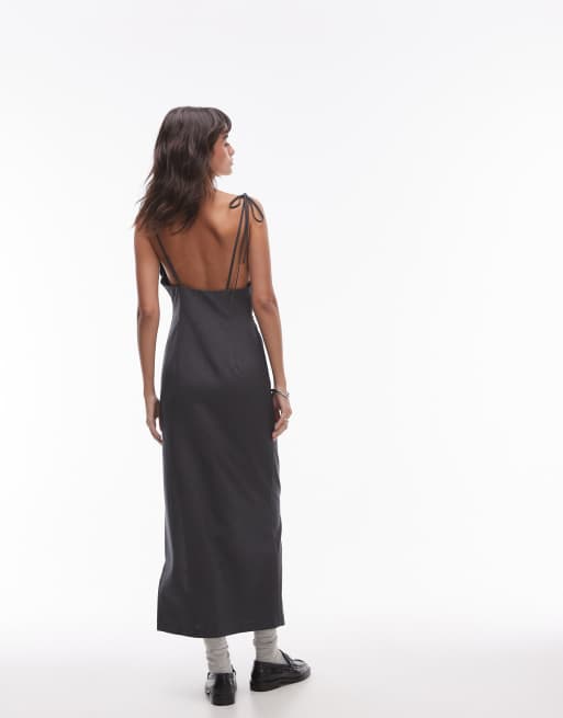 Vestido lencero midi gris de corte sartorial con cuello desbocado