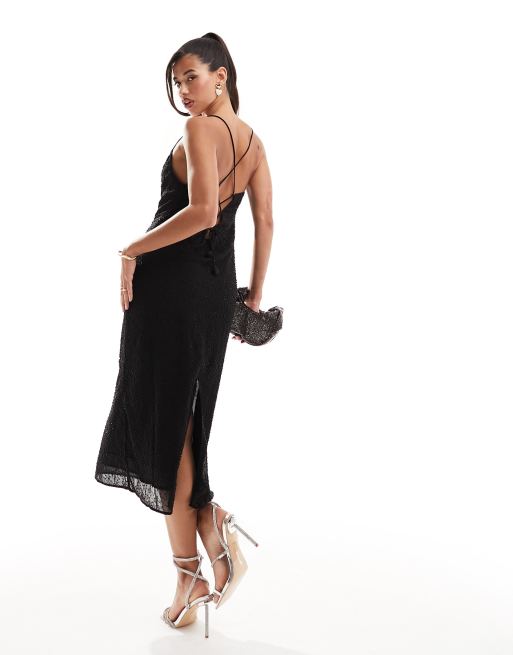 Vestido lencero midi negro con detalle de cuentas de River Island, 4 de 4