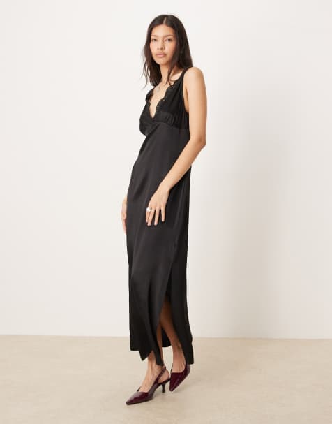 Vestido lencero midi negro de satén con cuello de pico y ribete de encaje de ASOS DESIGN - view 1