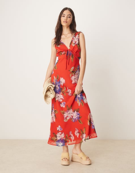 Vestido lencero midi rojo con estampado floral, cuello de pico y detalle de lazada en el pecho de ASOS DESIGN Tall - view 1