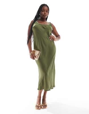 Vestido lencero midi verde oliva de corte al bies con cuello de canalé de ASOS DESIGN Curve