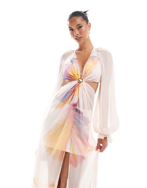 Vestido lencero playero largo rosa drapeado con diseño estampado y