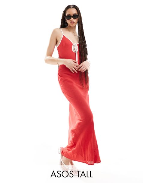 Vestido lencero rojo cereza con ribetes en contraste de tejido efecto lino de ASOS DESIGN Tall - view 1
