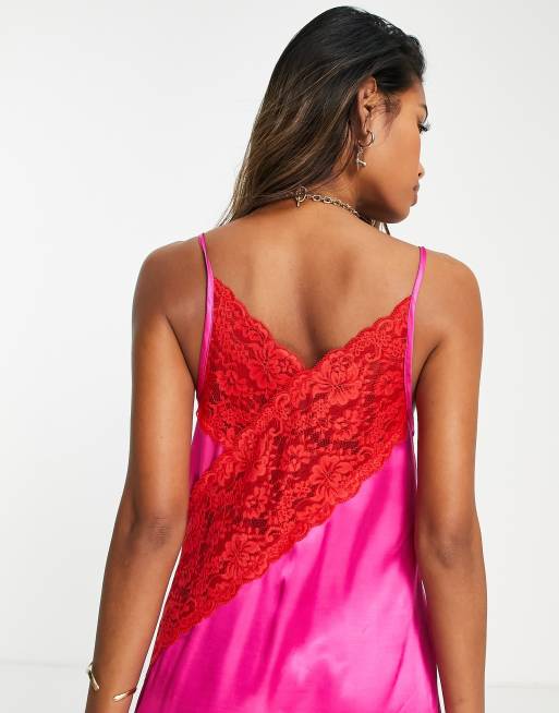 Vestido lencero rosa con diseño color block de encaje en contraste de ASOS