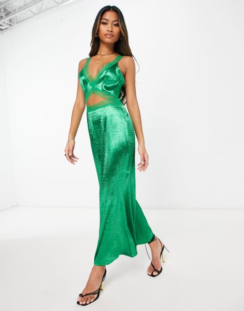 Vestido lencero semilargo color esmeralda con abertura de encaje de Never Fully Dressed - view 1