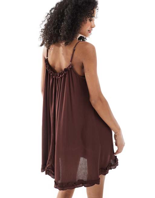 Vestido marrón chocolate amplio con detalle de volantes de Miss Selfridge, 3 de 4
