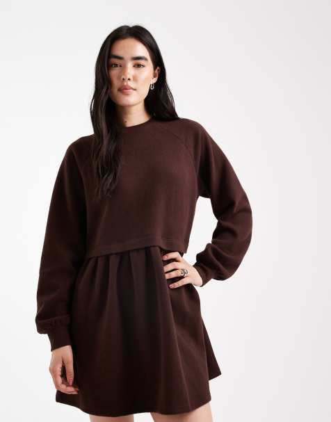 Vestido marrón chocolate amplio de tejido muy suave cepillado de Miss Selfridge - view 1