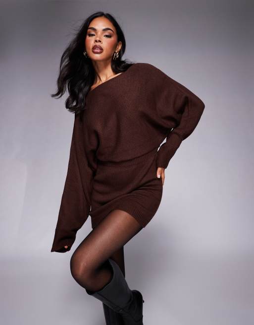 Vestido marrón chocolate estilo jersey con detalle plegado en la cintura y mangas globo Bellamie de Princess Polly