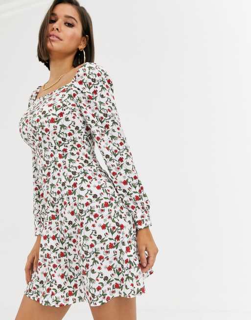 Vestido mesonero abotonado con estampado de florecitas de Missguided