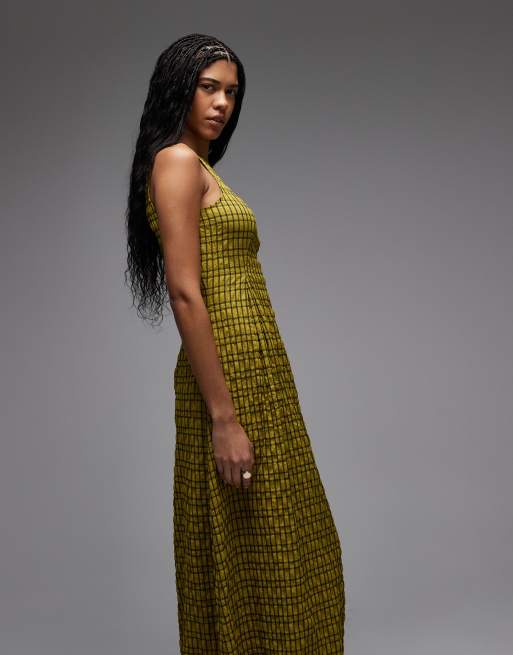 Vestido midi a cuadros verdes entallado con cuello alto de COLLUSION, 3 de 4